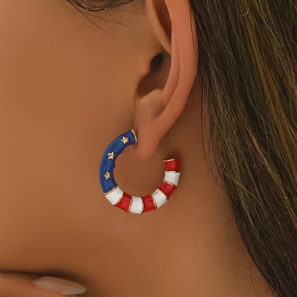Patriotic Red White Blue Star Hoop Earrings - Picture 7 of 7